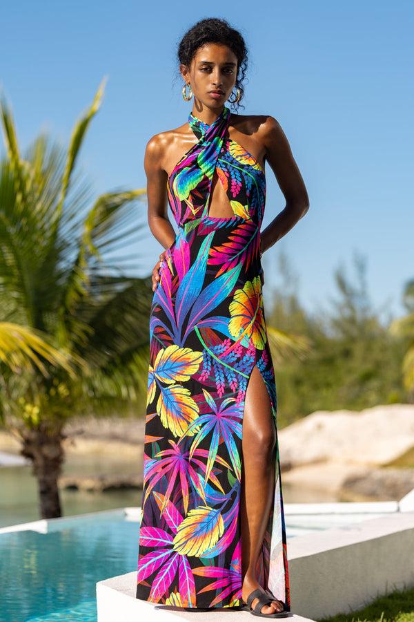 luli fama NEON NIGHTS - Halter Neck Cut Out Long Dress • Multicolor – Luli Fama