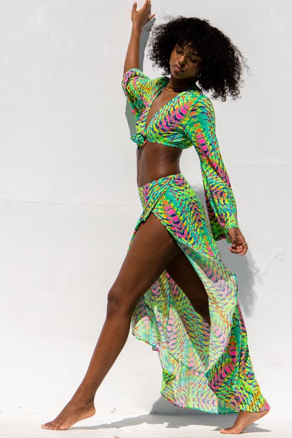 Luli Fama OASIS BABE - Bell Sleeve Crop Top & Ruffle High Lo Slit Skirt • Multi – Luli Fama