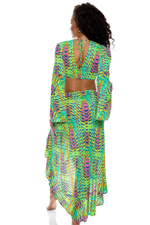 Luli Fama OASIS BABE - Bell Sleeve Crop Top & Ruffle High Lo Slit Skirt • Multi – Luli Fama