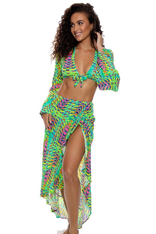 luli fama OASIS BABE - Bell Sleeve Crop Top & Ruffle High Lo Slit Skirt • Multi – Luli Fama