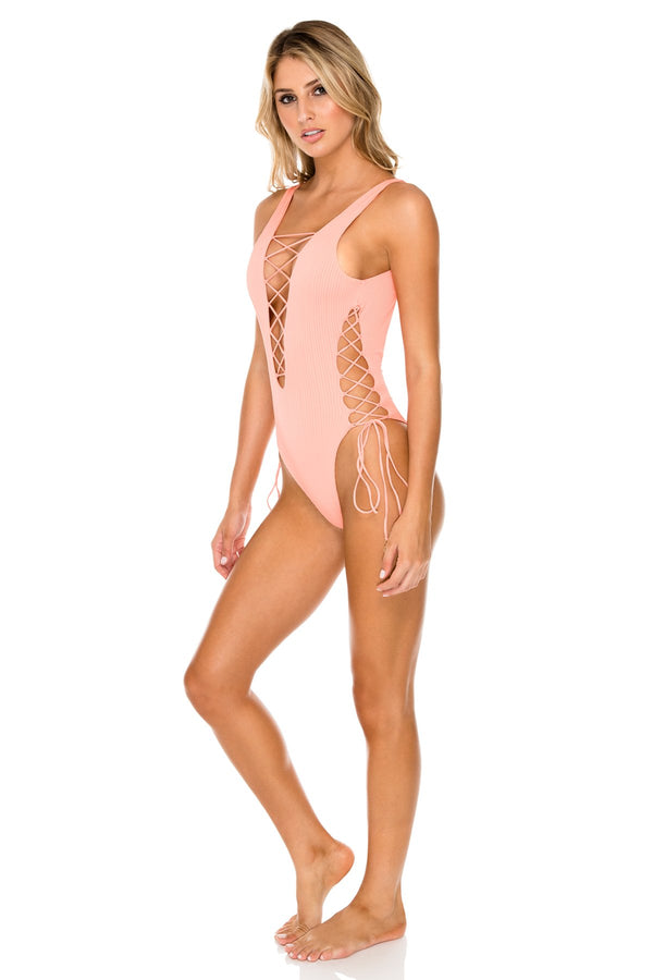 Luli Fama Orillas Del Mar Open-Side One-Piece Bodysuit - Peach – Luli Fama