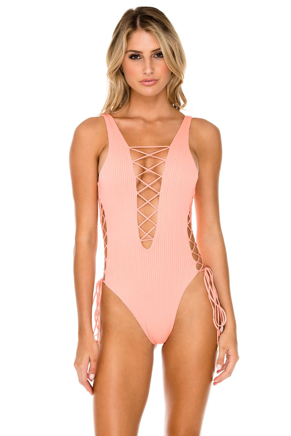 luli fama Orillas del Mar Open-Side One-Piece Bodysuit - Peach – Luli Fama