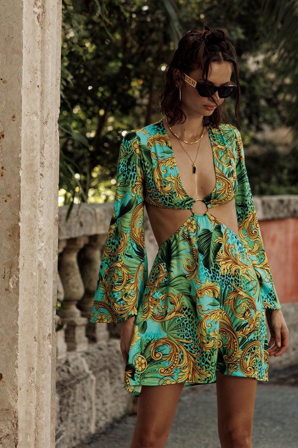 luli fama PALM ISLAND Deep V Ring Cut Short Dress – Luli Fama