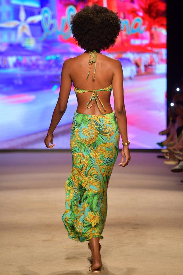 Luli Fama PALM ISLAND - Halter Keyhole Cut Out Maxi Dress • Multicolor Runway – Luli Fama