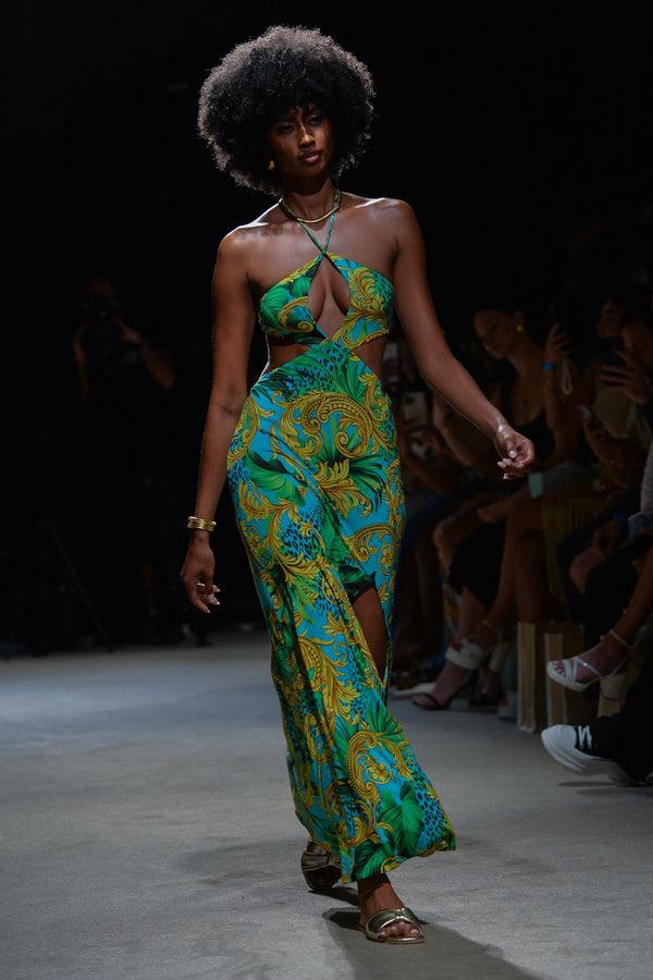 Luli Fama PALM ISLAND - Halter Keyhole Cut Out Maxi Dress • Multicolor Runway – Luli Fama