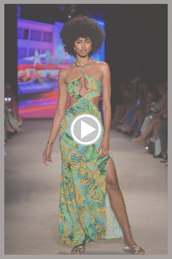 Luli Fama PALM ISLAND - Halter Keyhole Cut Out Maxi Dress • Multicolor Runway – Luli Fama