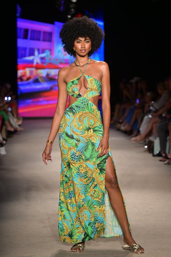 luli fama PALM ISLAND - Halter Keyhole Cut Out Maxi Dress • Multicolor Runway – Luli Fama