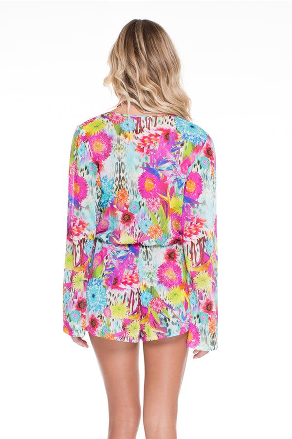 Luli Fama PARAISO - Wrap Front Long Sleeve Romper • Multicolor – Luli Fama