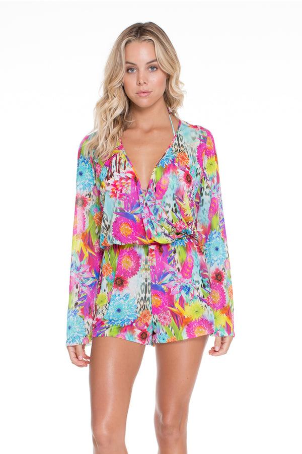 luli fama PARAISO - Wrap Front Long Sleeve Romper • Multicolor – Luli Fama