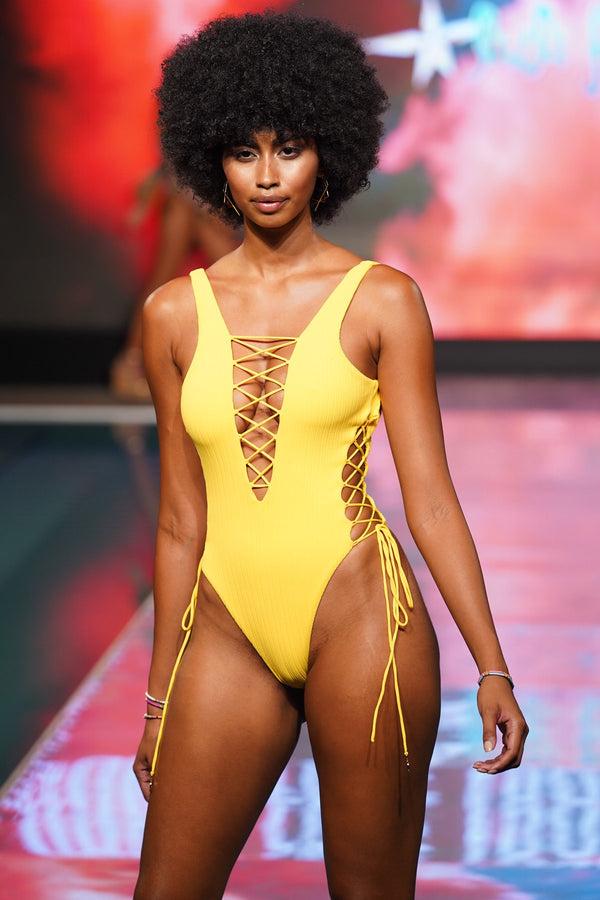 Luli Fama PLAYA VIBES - Open Side One Piece Bodysuit • Yellow Runway – Luli Fama