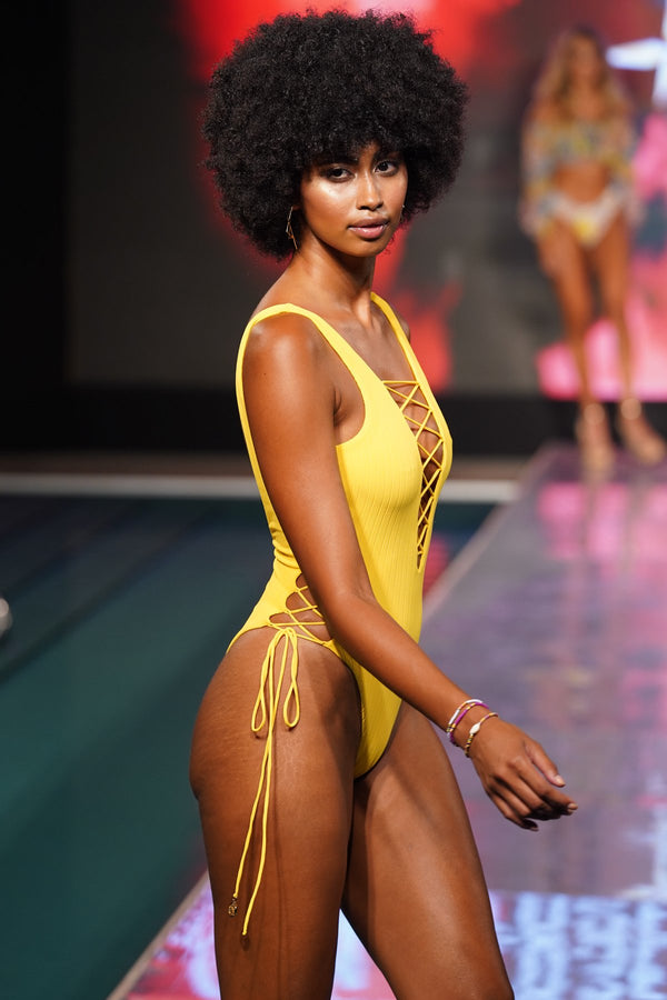 Luli Fama PLAYA VIBES - Open Side One Piece Bodysuit • Yellow Runway – Luli Fama
