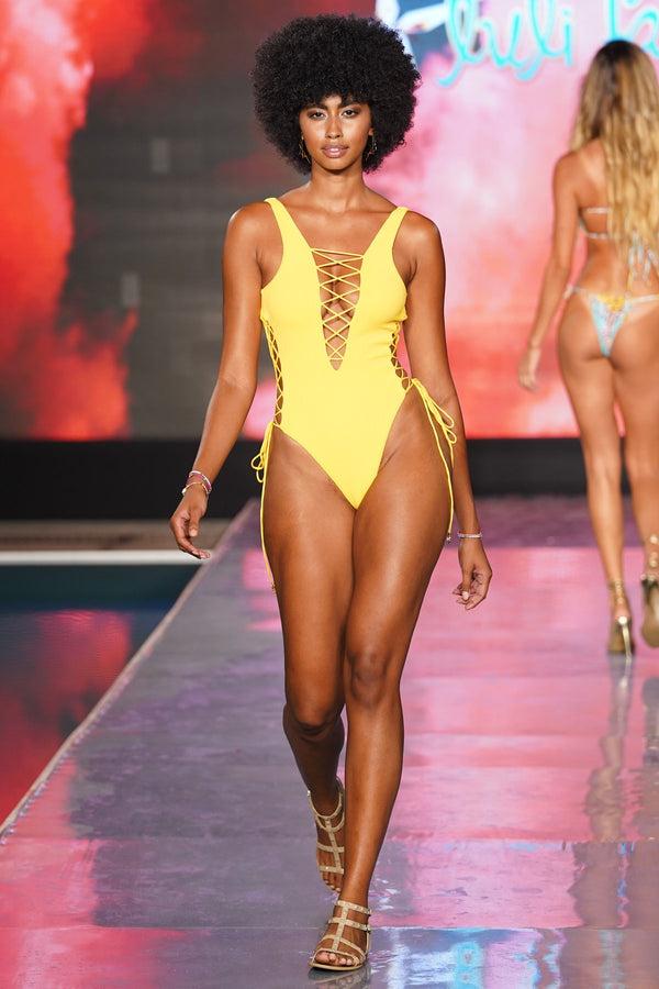 luli fama PLAYA VIBES - Open Side One Piece Bodysuit • Yellow Runway – Luli Fama