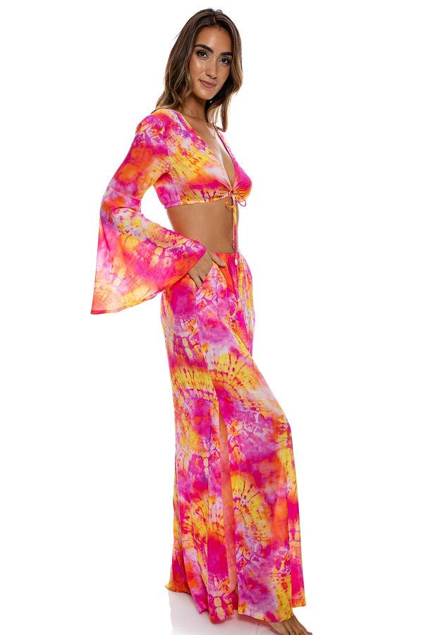 Luli Fama RETRO DREAM - Bell Sleeve Crop Top & Open Sides Wide Leg Pant • Multi – Luli Fama