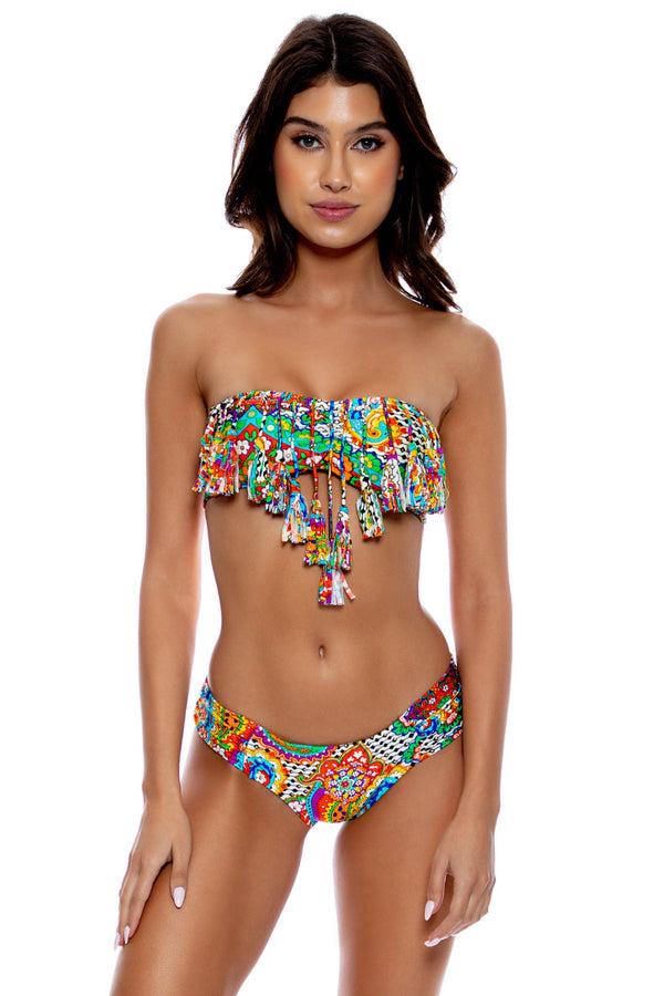 luli fama SAMBA CARACOL - Tassels Bandeau Top & Scrunch Side Full Bottom • Multi – Luli Fama