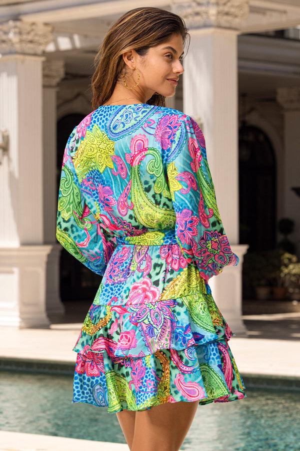 Luli Fama SEAGLASS FANTASY - Long Sleeve Tiereel Ruffle Mini Dress • Multicolor – Luli Fama