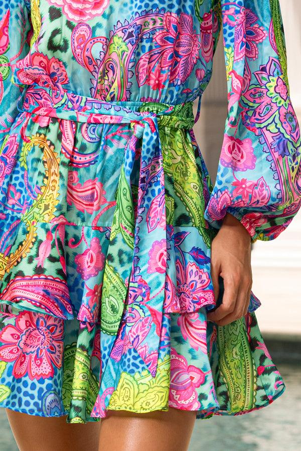 Luli Fama SEAGLASS FANTASY - Long Sleeve Tiereel Ruffle Mini Dress • Multicolor – Luli Fama