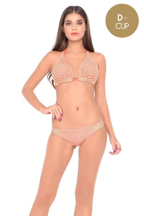 luli fama STARFISH WISHES - Triangle Halter Top & Full Bottom • Gold Fire Coral – Luli Fama