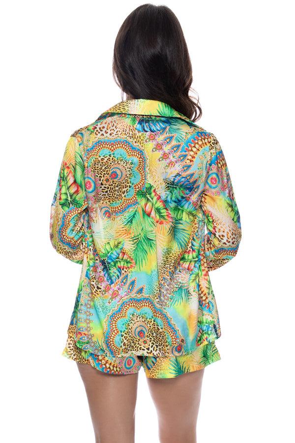 Luli Fama SUN STONES - Button Down Deep Cuff Blouse & High Waist Elastic Shorts – Luli Fama