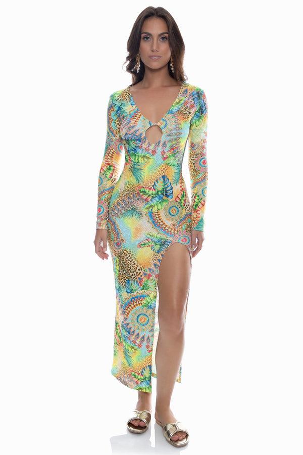 luli fama SUN STONES - Long Sleeve Keyhole Cut Out Maxi Dress • Multicolor – Luli Fama
