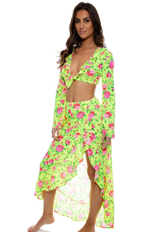 Luli Fama TI AMO - Ruffle Bell Sleeve Crop Top & Ruffle High Lo Slit Skirt • Rad – Luli Fama