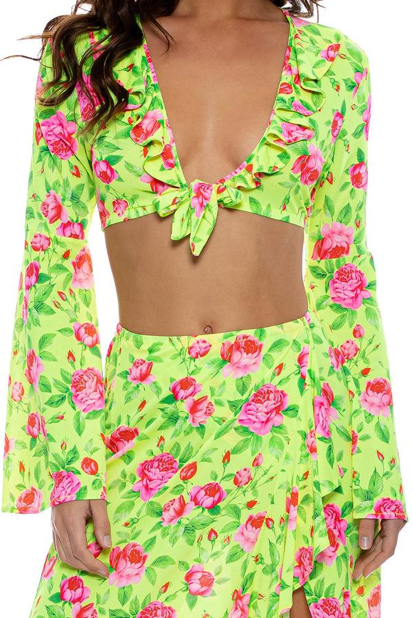 Luli Fama TI AMO - Ruffle Bell Sleeve Crop Top & Ruffle High Lo Slit Skirt • Rad – Luli Fama