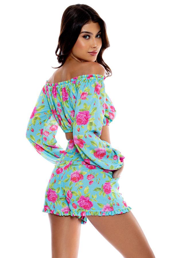 Luli Fama TI AMO - Ruffle Laced Up Open Shoulders Crop Top & Ruffle Short • Aqua – Luli Fama