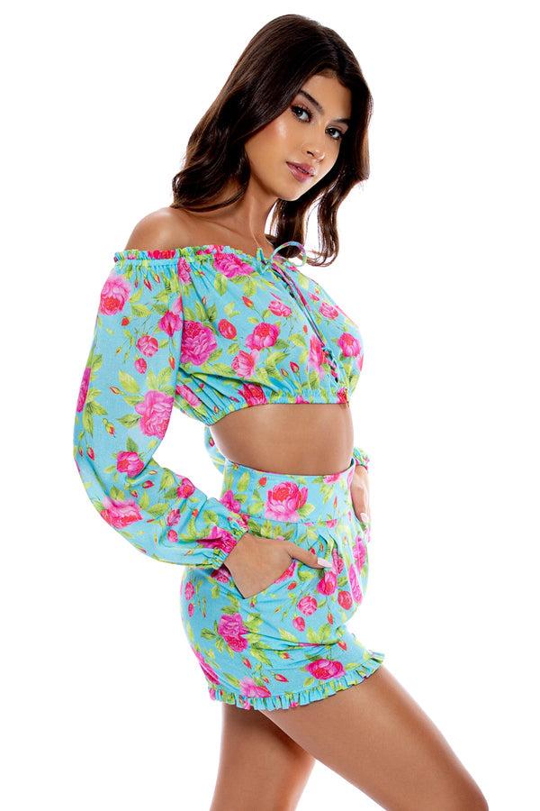 Luli Fama TI AMO - Ruffle Laced Up Open Shoulders Crop Top & Ruffle Short • Aqua – Luli Fama