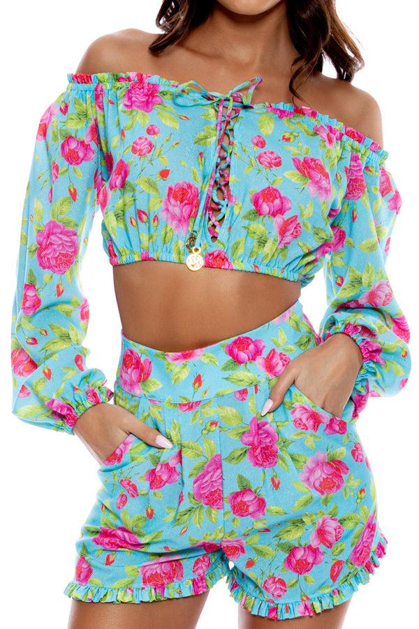 Luli Fama TI AMO - Ruffle Laced Up Open Shoulders Crop Top & Ruffle Short • Aqua – Luli Fama