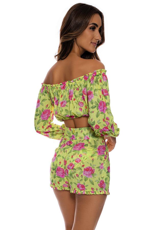 Luli Fama TI AMO - Ruffle Laced Up Open Shoulders Crop Top & Ruffle Short • Radi – Luli Fama