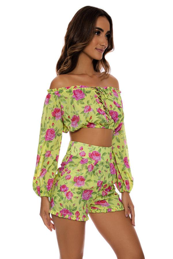 Luli Fama TI AMO - Ruffle Laced Up Open Shoulders Crop Top & Ruffle Short • Radi – Luli Fama