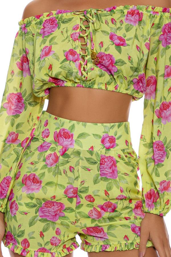 Luli Fama TI AMO - Ruffle Laced Up Open Shoulders Crop Top & Ruffle Short • Radi – Luli Fama