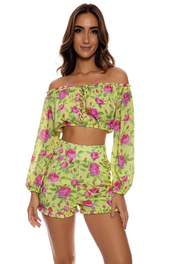 luli fama TI AMO - Ruffle Laced Up Open Shoulders Crop Top & Ruffle Short • Radi – Luli Fama