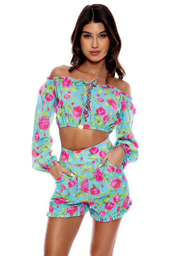 luli fama TI AMO - Ruffle Laced Up Open Shoulders Crop Top & Ruffle Short • Aqua – Luli Fama