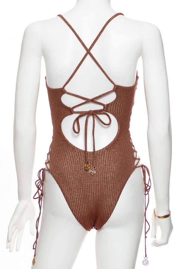 Luli Fama TOASTED GLOW - Square Neck Laced Up One Piece • Brown | Gold – Luli Fama