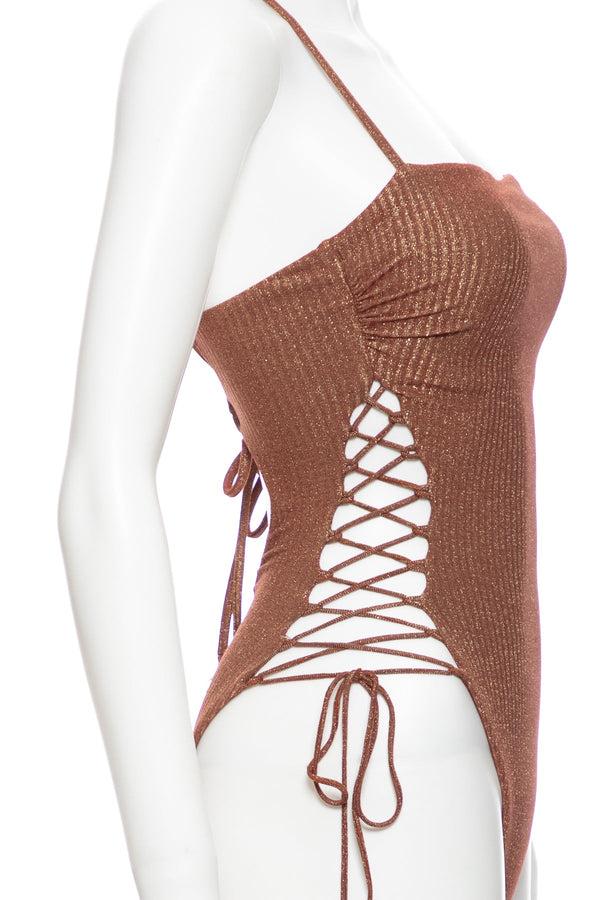 Luli Fama TOASTED GLOW - Square Neck Laced Up One Piece • Brown | Gold – Luli Fama