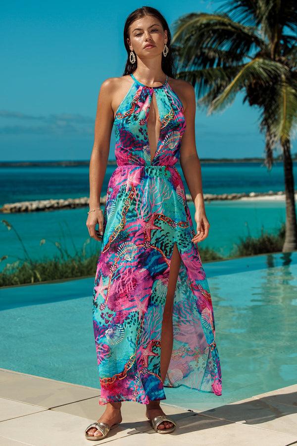 luli fama TREASURE Halter Keyhole Maxi Dress - Multicolor – Luli Fama