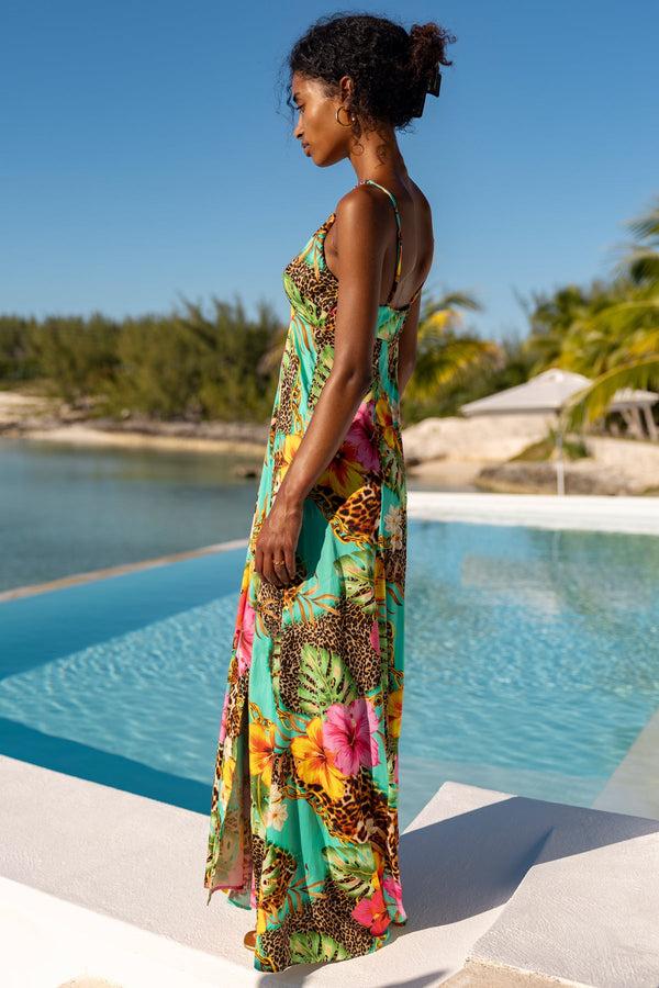 Luli Fama VISIONS OF PARADISE - Chain Bralette Side Slit Maxi Dress • Multicolor – Luli Fama