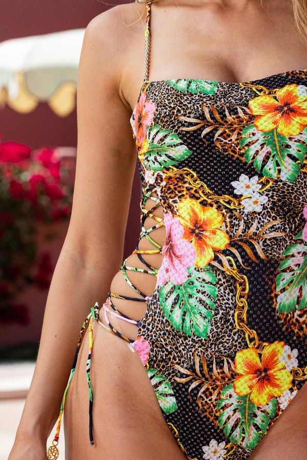 Luli Fama VISIONS OF PARADISE - Chain Square Neck Laced Up One Piece • Multi Bla – Luli Fama