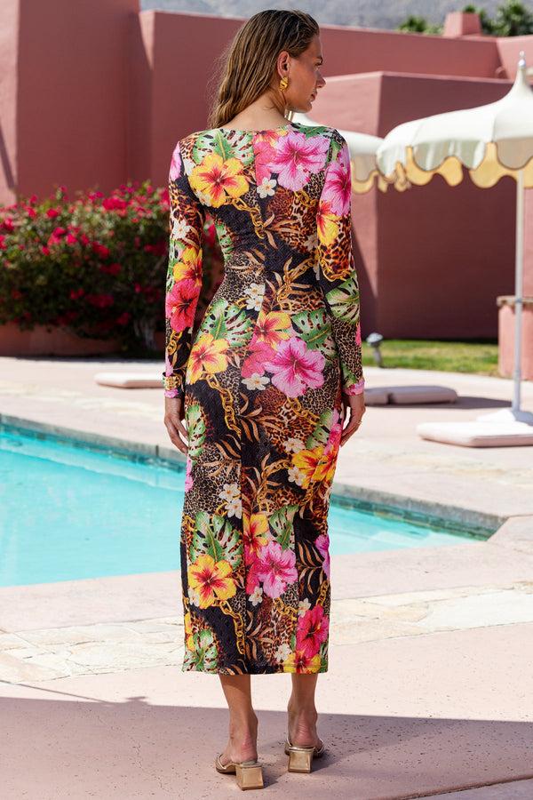 Luli Fama VISIONS OF PARADISE - Long Sleeve Keyhole Cut Out Maxi Dress • Multi B – Luli Fama
