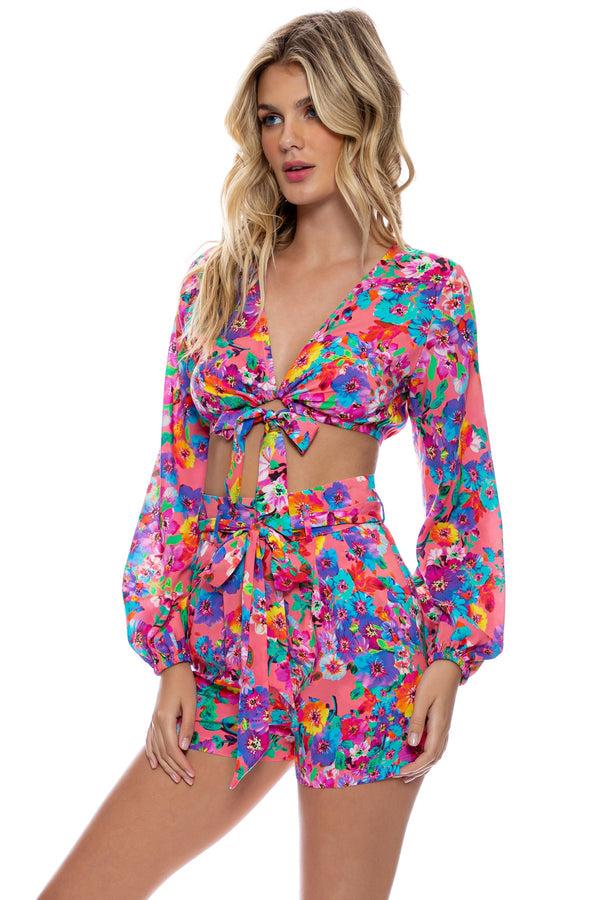 Luli Fama WATER BLOSSOMS - Tie Front Crop Top & Tie Waist Bermuda Shorts • Elect – Luli Fama