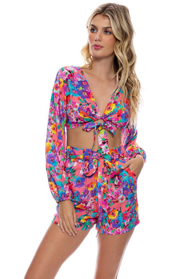 luli fama WATER BLOSSOMS - Tie Front Crop Top & Tie Waist Bermuda Shorts • Elect – Luli Fama