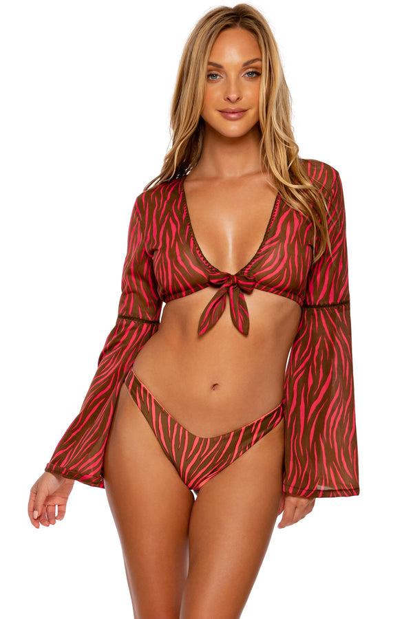 luli fama WILD LOVE - Stitched Bell Sleeve Crop Top & High Leg Bottom • Coral – Luli Fama